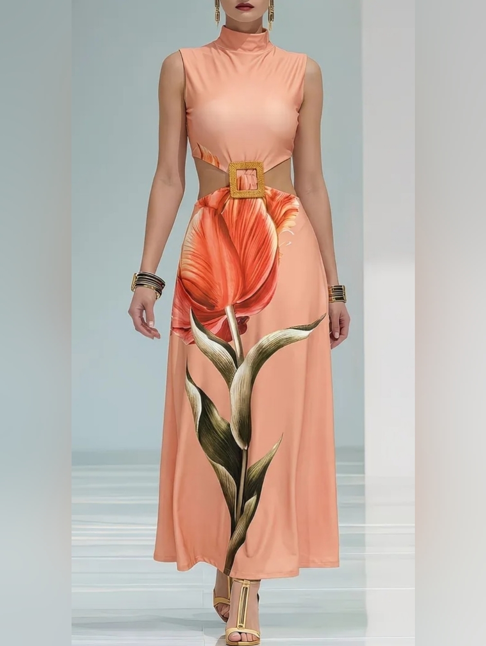 Sleeveless Peach Floral Maxi Dress with Cutout and Buckle